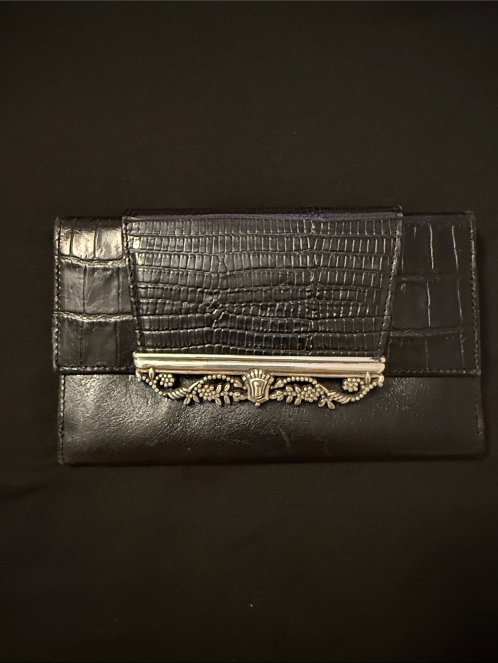 Brighton Black Croc-Embossed Leather Wallet with Silver Filigree Accent